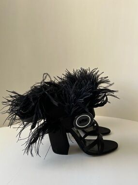 Prada Black Feather-Trim Strappy Block Heel Sandals